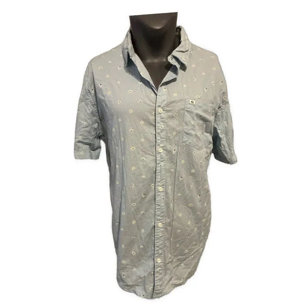 quiksilver light blue white floral short sleeve button down shirt Regular Fit Xl
